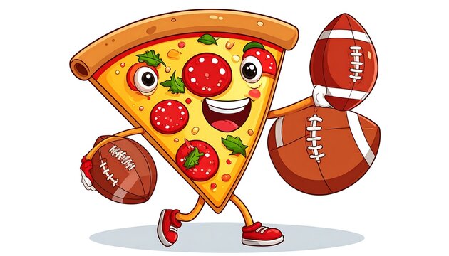 Cartoon pizza slice character smiling, holding footballs with pepperoni, herbs, and cheese, on a white background - Powered by Adobe