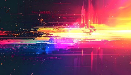Vibrant abstract cityscape impression with glitchy effects, using horizontal lines and a bright, colorful gradient