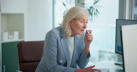 Frustrated, woman and headache in office with computer for data analysis, financial crisis and bad news. Migraine, mature person and analyst with desktop for finance problem, stats review and graphs. - Powered by Adobe