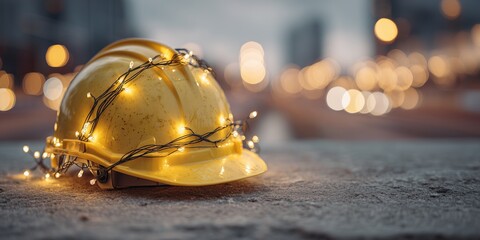 A yellow hard hat, representing construction work, rests on a sturdy, textured surface, subtly adorned with delicate, twinkling Christmas string lights wrapped around its brim.