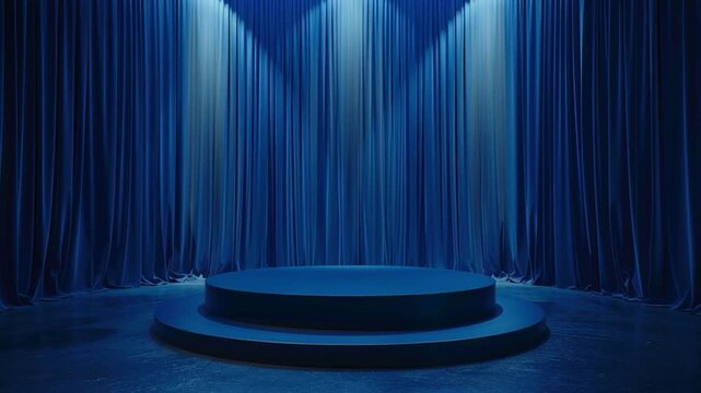 A platform or podium in front of the blue curtains with spotlights. E-commerce products background video