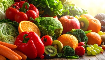 Colorful arrangement of fresh produce, including fruits and vegetables, under natural light, with a wooden surface