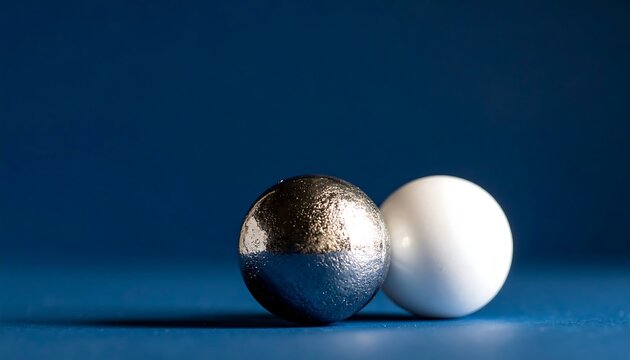 Two spheres, one silver and one white, rest on a blue surface with a blue background - Powered by Adobe