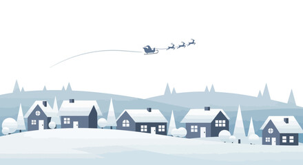 Magical Christmas Eve scene with Santa's sleigh soaring over snow covered houses, perfect for holiday cards, website banners, and festive social media posts