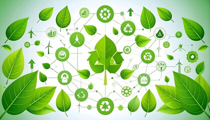 Illustrative network with green leaves and eco-friendly icons, visually representing environmental connections on a white background
