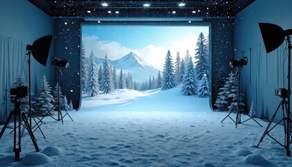 Photo studio creates full winter scene with fake snow, tall pine trees, mountain backdrop. Professional lighting equipment, cameras set up for filming shooting snowy landscape illusion indoors. Setup