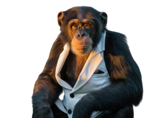 Chimpanzee Wearing A White Suit And Black Pocket Square With A Toupee Standing In A Studio With Black Background And Golden Lighting
