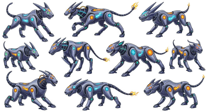 Dynamic robotic canines with glowing accents and fiery tails showcase futuristic power and agility.