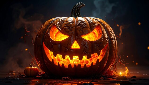 Glowing jack-o'-lantern with eerie face against a dark, smoky backdrop, emitting a warm, orange light