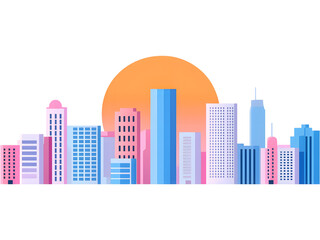 Obraz premium Colorful flat design of modern city skyline with sun isolated on transparent background, perfect for urban and architecture designs.