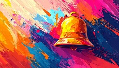 Golden bell illustration set against a vibrant, abstract splatter painted background with splashes of pink, orange, and blue
