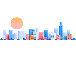 Obraz premium Modern city skyline with sunrise isolated on transparent background, ideal for urban design and architecture visuals.
