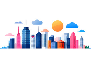 Obraz premium Colorful flat design of modern city skyline with sun isolated on transparent background, perfect for urban and architecture designs.