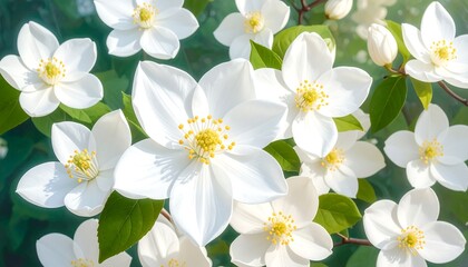 Obraz premium Many gleaming white flowers with yellow centers and green leaves fill the frame, evoking freshness and beauty