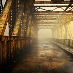 Mysterious journey on an old rusty bridge shrouded in fog, perfect for atmospheric designs