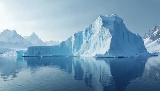 Iceberg floats near snowy mountain landscape. Cold icy arctic climate scenery with blue water. Scenic polar nature view. Winter wonderland background wallpaper. Beautiful arctic glacial environment