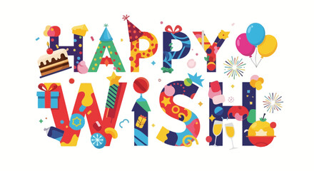 Vibrant 'Happy Wish' text with festive birthday elements, perfect for celebrations and invitations