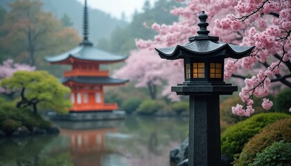 Rain falls gently over beautiful Japanese garden scene. Black stone lantern stands lit, shining. Pink cherry blossoms bloom around reflective pond with red pagoda temple in background. Peaceful