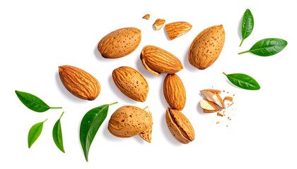 Almonds scattered with leaves on a white surface, arranged as a flat lay, casting soft shadows