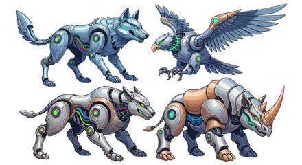 Futuristic robotic animals a wolf eagle panther and rhino with glowing green eyes and cybernetic enhancements