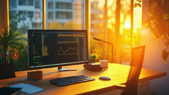Home office desk with computer coding program at sunset