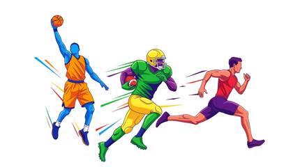 Dynamic athletes showcase basketball, football, and running action in vibrant, energetic motion graphics