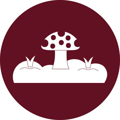 Simple graphic illustration of a mushroom growing among pumpkins on a transparent background with a maroon circle border