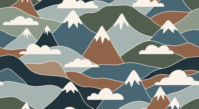 Seamless mountain range pattern evokes wanderlust, perfect for nature-themed designs and outdoor adventure branding with a calming, earthy color palette
