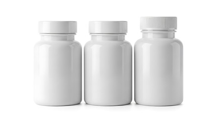 Three white plastic pill bottles with caps on white background container