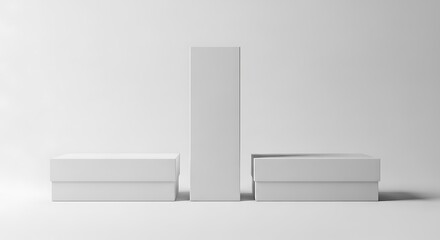 Three white rectangular boxes arranged on a white surface rectangle object