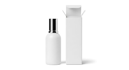 White cosmetic bottle with silver cap and open white box image