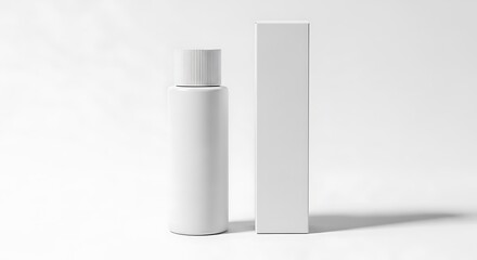 White cylindrical bottle with ribbed cap next to white rectangular box on white background packaging