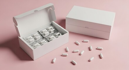 White pill capsules in open box and scattered on pink surface medicine health
