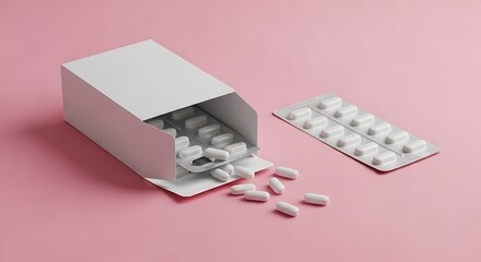 White pills spilling from open box onto pink background with blister pack medicine pharmaceutical