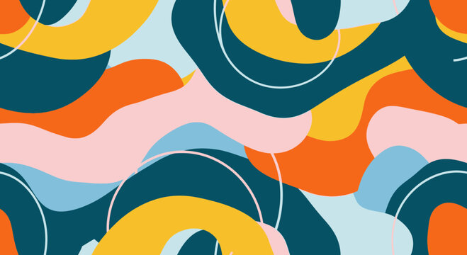 Bold abstract art with fluid shapes, a vibrant retro color palette for striking designs, perfect for modern backgrounds, textiles, and eye-catching brand visuals