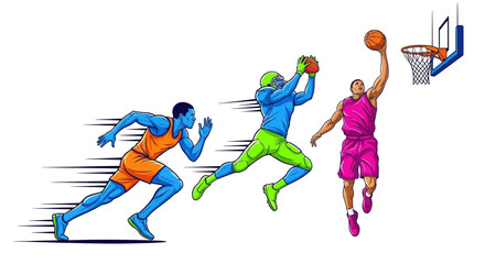 Dynamic athletes in action basketball player scores winning dunk while teammates race for victory