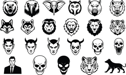 Animal skull character icon set, black and white vector faces, bold line art, tattoo style, mythical beast, graphic design
