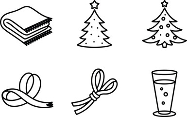 Christmas tree, ribbon bow, fizzy drink, scarf blanket, festive icon set, black and white vector, holiday decoration, winter line art