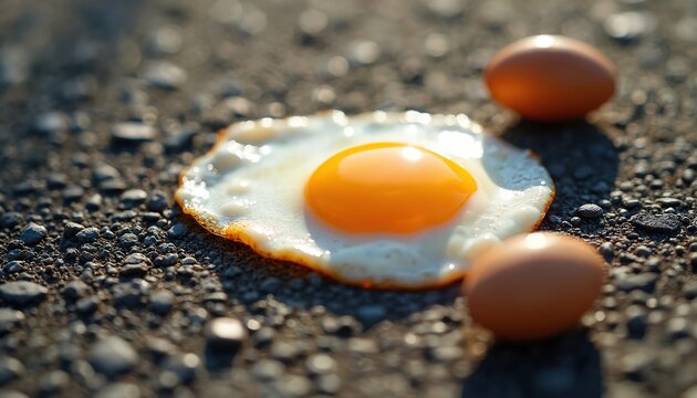 Fried egg cooks on hot asphalt road under bright sun. Two raw eggs lie nearby. Extreme summer heat causes urban cooking outside on pavement. Sunny day shows high temperature danger for food, public - Powered by Adobe
