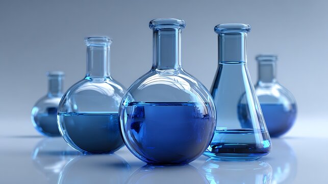 Nice photo of laboratory glassware with blue liquid on a white background in the studio. - Powered by Adobe