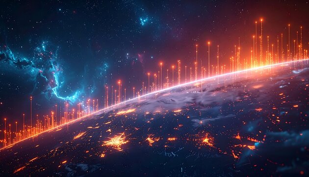 A planet glows with orange and blue lights, resembling network connections and cosmic energy across the night sky
