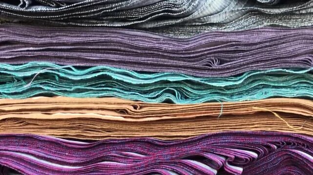 Close-up view of layered fabric rolls stacked neatly in various colors and textures. Ideal for themes related to textiles, fabric markets, garment production, clothing materials, fashion, and craft in