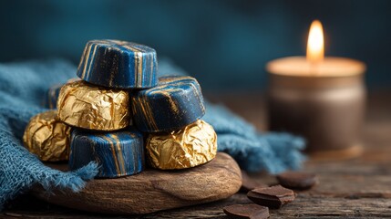 Candlelit Still Life with Chocolate Coins and Deep Blue Shadows.