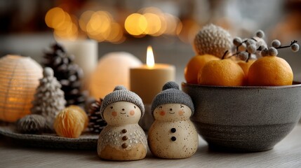 Clay Bowl, Candles, and Figurines in Warm Light.