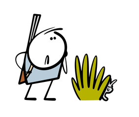 Cartoon character with a gun came to the forest to hunt. Vector illustration of a hunter looking for a victim. Cute bunny, the rabbit is hiding in the bushes. Grass and a hare hole in nature.