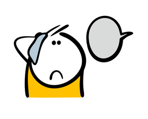 Cartoon discouraged young man wipes sweat from his head with a handkerchief. Vector illustration of a funny character and unpleasant news. An unfortunate surprise, panic, and depression.