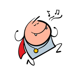 Cheerful vampire with fangs and a red cape is dancing and singing a song. Vector illustration of a man dressed as a funny monster having fun at a corporate party in the office after work.