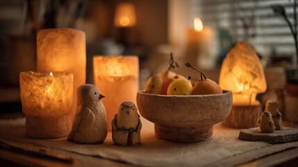 Golden Candlelit Scene with Miniatures and Lanterns.