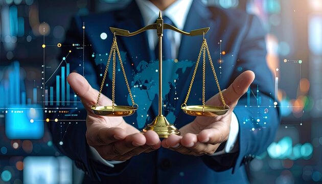 Man in a blue suit holds golden scales of justice; a digital world map & graph overlay the bokeh background