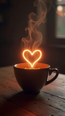 A cup of coffee with a glowing heart and steam on a wooden table